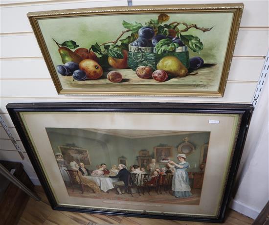 A Victorian chromolithograph, Christmas comes but once a year, 52 x 74cm and an oil still life of fruit by D. Wright 1919, 30 x 59cm